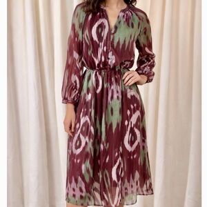 NWT Grace + Karma ‘Long-Sleeve Ikat Print Maxi Dress’ in Burgundy & Green Size M